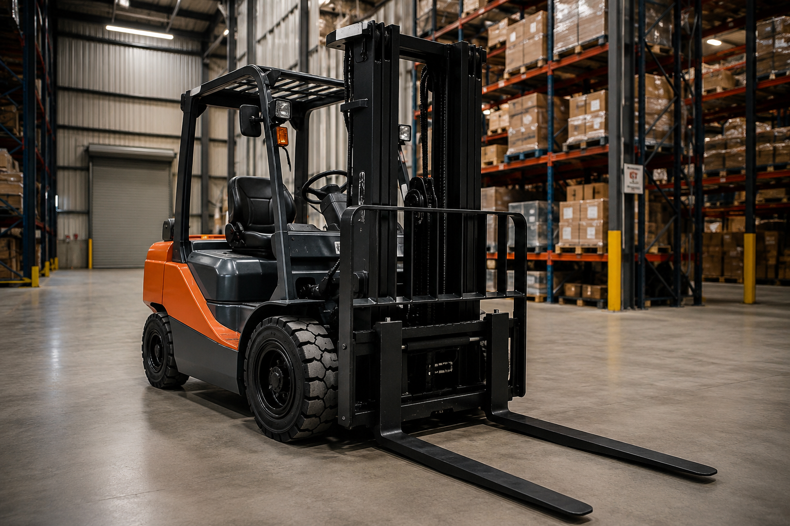 Forklift moving pallets in an industrial warehouse